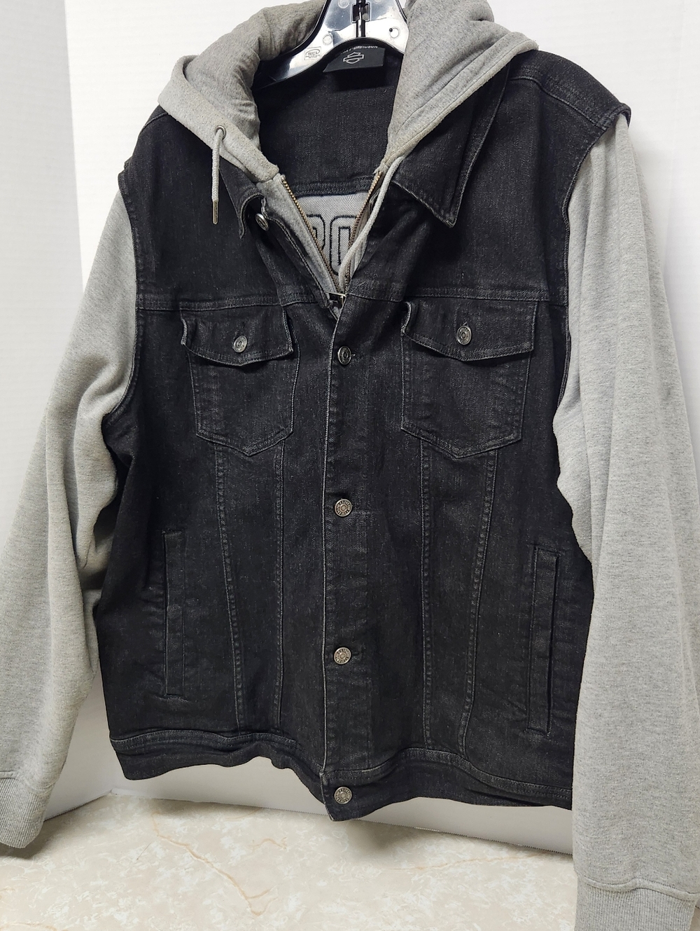 Harley Davidson Mens Touring Jacket Denim w/ Sweatshirt Hood & Sleeves XL